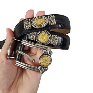 Vintage Brighton Black Leather Belt Silver Gold Tone Buckle Womens Large 31"-35"